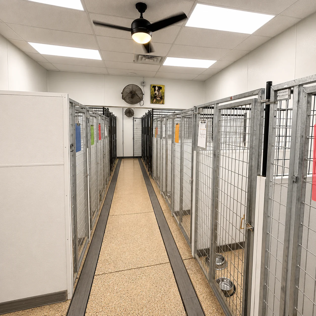 A clean, bright row of boarding kennels