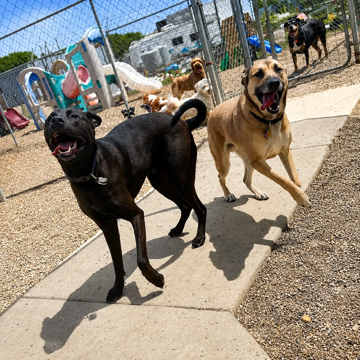 Dogs playing outside in the fenced yard