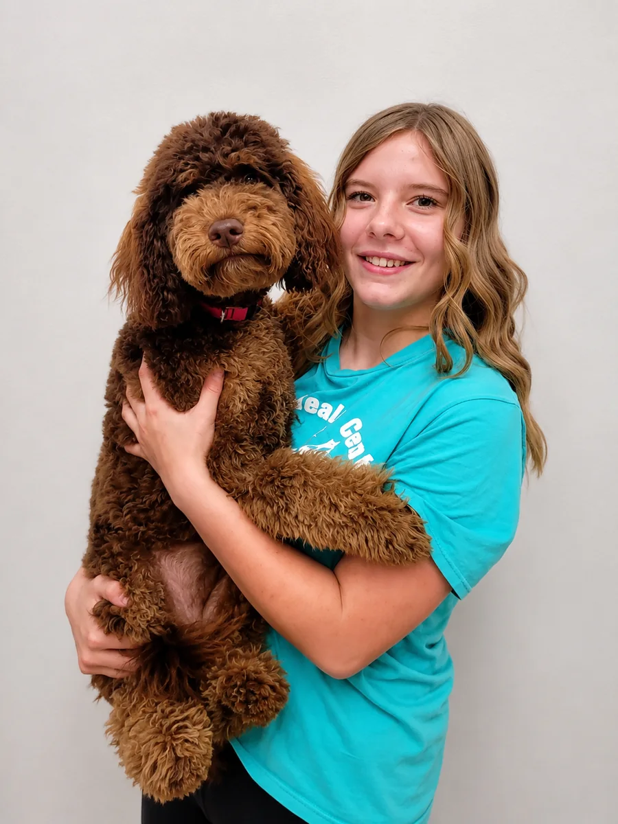 Elise, Sales and Kennel Assistant, holding daycare dog Coco
